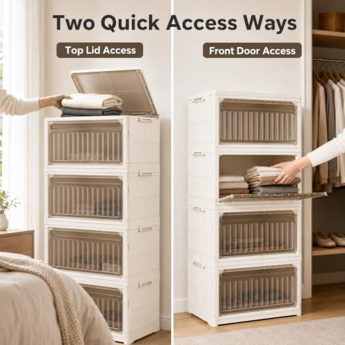 YKMH 106QT Stackable Storage Bins with Lid, 4-Tier Collapsible Closet Organizer