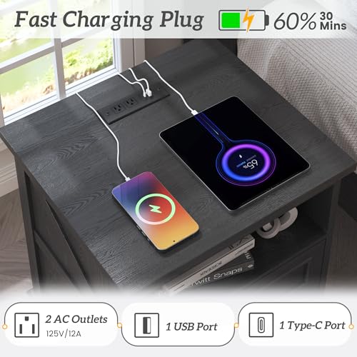 Fluest 24-Inch Farmhouse Nightstand with Fast Charging Station, Rustic Black