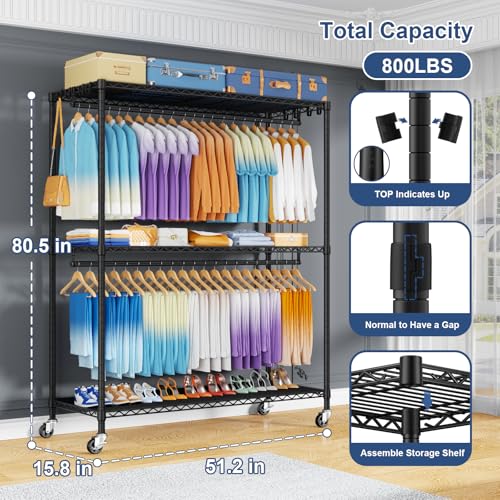 Heavy Duty Clothes Rack with Lockable Wheels - Black, 51.2W x 15.8D x 80.5H, 700LBS Capacity, Portable Garment Organizer, P8 Max Variation