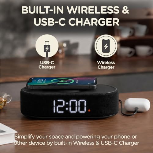 Fabric Digital Alarm Clock with Wireless Charging - Beige - Dual Alarm & Dimmable Display