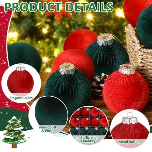 Afniimyapt 3.14 Inch Velvet Christmas Balls Set 16 Pcs Red & Green Holiday Ornaments
