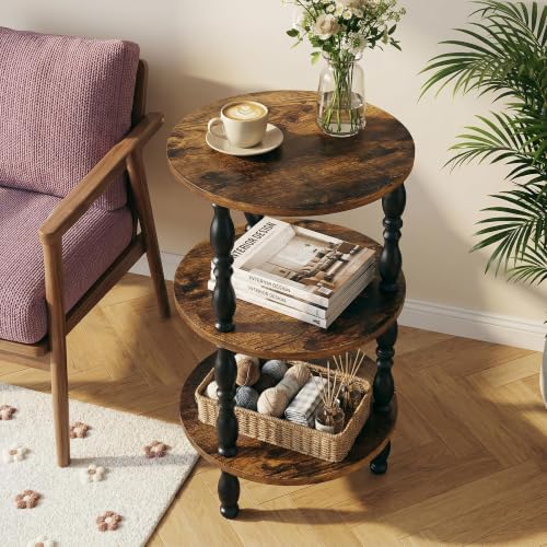 Round 3-Tier Side Table - Modern Oval Nightstand for Living Room & Bedroom - Rustic Brown
