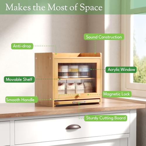 Natural Bamboo Bread Box with Double Layer & Cutting Board - Kitchen Storage