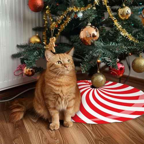 36 Inch Red Swirl Christmas Tree Skirt Sweet Candy Cane Red and White Christmas Decorations Xmas Tree Mat Holiday Party Home Decorations