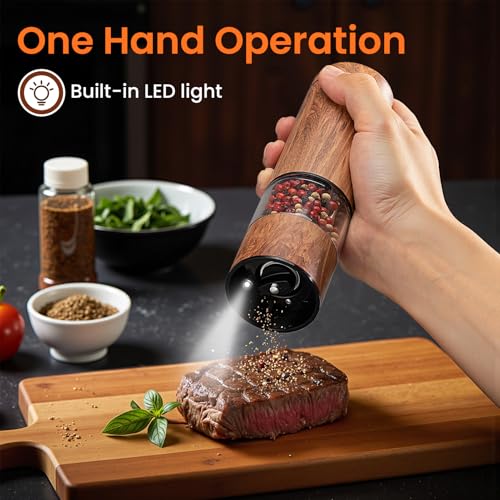 Rechargeable Electric Salt and Pepper Grinder Set with Adjustable Coarseness - Wood Grain