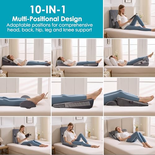 Adjustable Memory Foam Wedge Pillow Set - 12 Inch + 1 Head Pillow, Plush Grey, Post-Surgery & Reflux Relief