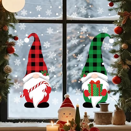 2 Sheets Christmas Window Clings Extra Large Gnome Window Decals Red Green Buffalo Plaid Gnome Windows Stickers Double Sided Christmas Snowflake Windows Clings for Xmas Holiday Home Office Glass Decor