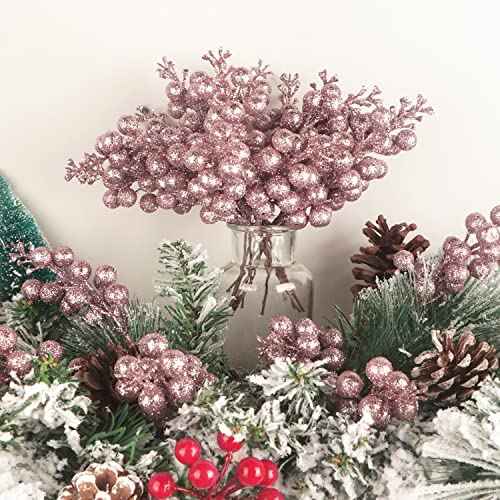 24 Pack Glitter Pink Berry Stems,7.5 Inch Christmas Sparking Red Faux Winter Berry Sprigs,Artificial Red Berries Branches for Christmas Tree Garland Wreath Crafts Season Winter Home Decor