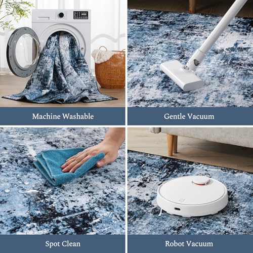 Ocean Blue Abstract Area Rug 9x12 - Washable Navy Blue Living Room Carpet - Variation 01 Ocean Blue