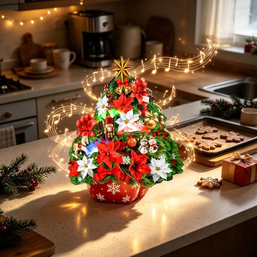 XUNXMAS 10-Inch 3D Pop-Up Christmas Card with Light & Music - Poinsettia Bouquet, Holiday Greeting, Christmas