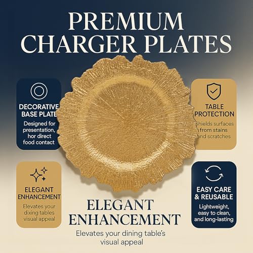 40 Pack Gold Charger Plates - 13'' Reef Design Round Plastic Tableware for Wedding & Party