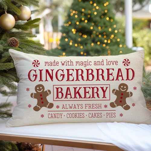 Christmas Pillow Covers 12x20 Inch Gingerbread Man Bakery Rustic Farmhouse Christmas Sign Decorations Outdoor Xmas Winter Holiday Decorative Lumbar Throw Pillow Case for Sofa Couch Home Decor