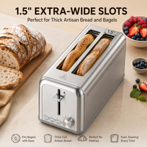 Slim 4-Slice Toaster with Long Slots & 9 Shade Settings - Silver