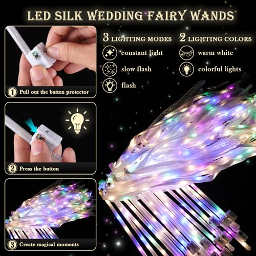 100 Pieces Wedding Light-Up Fairy Wands with Ribbons - Warm White & Multicolor LED