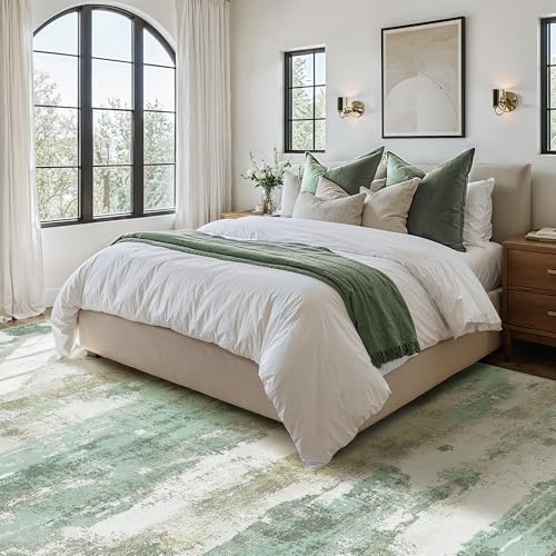 Light Green and Cream Abstract Area Rug - 6x9 Non-Slip Washable Carpet for Bedroom