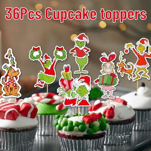 36Pcs Merry Christmas Cupcake Toppers for Christmas Birthday Decorations Whoville Decorations Party Supplies