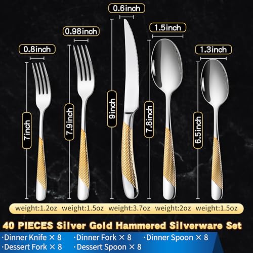 Hammered Silver Gold Flatware Set for 8 - 40-Piece Stainless Steel Cutlery with Serrated Knives