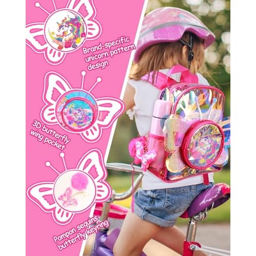 Unicorn Butterfly Wings Backpacks for Girls,Cute Holographic Glitter Clear School Bag for Kindergarten Nursery Preschool Primary,Toddler Kids Bookbag,Gift for Xmas Birthday