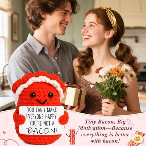 Mini Motivational Bacon Handmade Crochet Bacon for Women White Elephant Christmas Encouragement Gift for Friends Coworkers Small Birthday Back to School Gifts Cute Motivation Unique Office Desk Decor