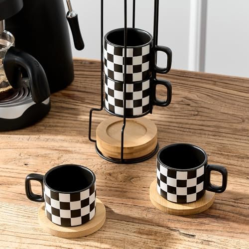 LUKA Black & White Checkered Stackable Espresso Cups Set with Saucers, 4oz - Variation 4BKG