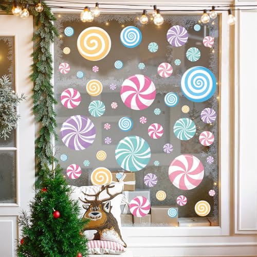 Ivenf Christmas Decorations Window Clings: 8 Sheets Extra Large Lollipop Peppermint Christmas Window Clings, Cute Pink Candyland Candy Stickers Decals for Kids Home School Office Holiday Party