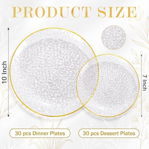 Clear Disposable Plates with Gold Rim - Heavy Duty Party Plates, Hammered Design, 60 Pieces - Variation: Clear Gold