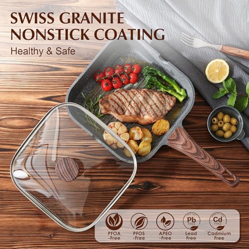 Gray Granite Nonstick Grill Pan with Lid - 9.5 Inch Square Griddle for All Cooktops