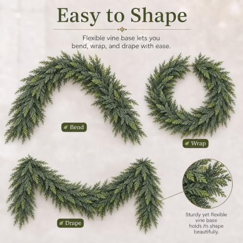 SHOPNEW 2PCS 9FT Artificial Cedar Garland Real Touch Greenery Holiday Decor