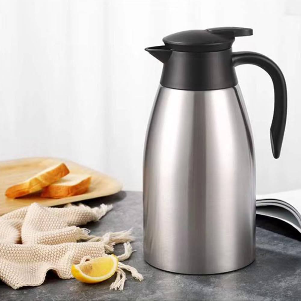 70 Oz Insulated Thermal Coffee Carafe Stainless Steel Double Walled Vacuum Coffee Thermos, Hot Water, Tea, Hot Beverage Dispenser, Keep 24 Hour Heat Retention/12 Hour Cold Retention (Sliver, 2L)