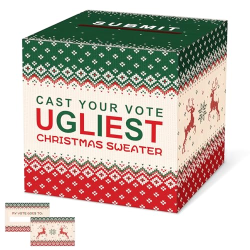 Christmas Ugly Sweater Contest Ballot Card Box, Voting Cards Box Set with 50 Voting Cards, Ugliest Sweater Contest Ballot Box for Game & Party Supplies, Holiday Xmas Games Party Decorations