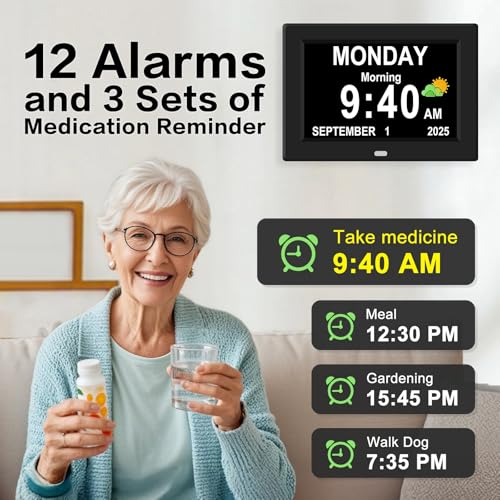 11-Inch Large Display Digital Alarm Clock for Seniors Black - 12 Alarms & Auto Dimming