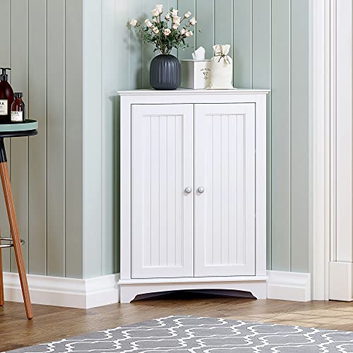White Corner Bathroom Cabinet with Doors and Adjustable Shelf - Spiralich