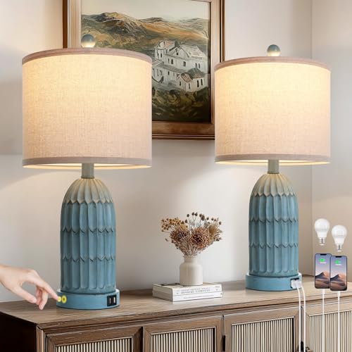 Cinkeda Coastal Table Bedside Lamps Set of 2, Farmhouse 3-Way