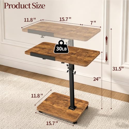 Adjustable Height End Table with Wheels & Tilting Panel - 11.8x22.8 inch, Mobile Couch Side Table