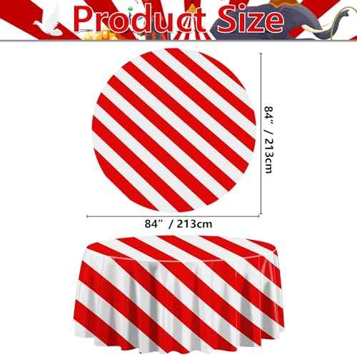 Red and White Stripe Tablecloths for Round Table, Carnival Theme Party Decorations, 84'' x 84'' Plastic Table Cover for Circus Party, Movie Night, Birthday, Christmas, Baby Shower, Wedding (3)