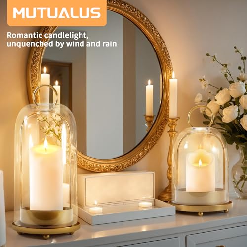 Gold Large & Medium Hurricane Glass Candle Holders with Chains - Vintage Brass Lanterns Set