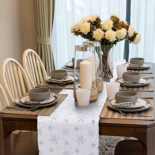 Christmas Faux Fur Table Runner with Sequin Snowflake, 2 Pack, Silver