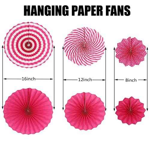 6 Pcs Decoration Hanging Party Hot Pink Paper Fans Set for Birthday Wedding Graduation Events Accessories