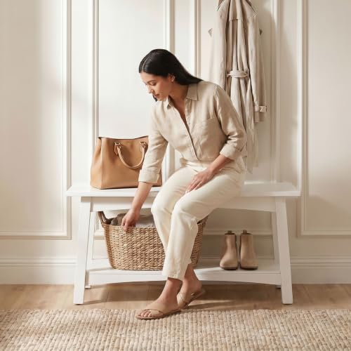White Entryway Bench with Storage Shelf - 36-Inch Modern Farmhouse Shoe Organizer
