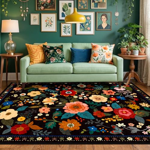 RELEANY Black Floral Washable 6x9 Area Rug - Non-Slip Boho Living Room Carpet