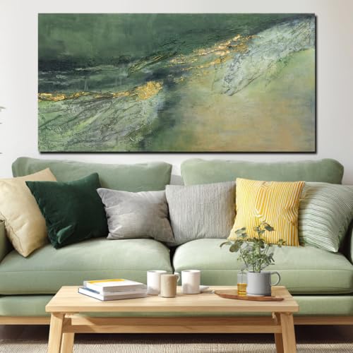 Dark Green Green Gold Abstract Wall Art Canvas Print 24x48 Inch for Living Room