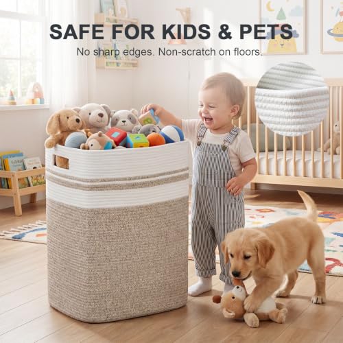 Collapsible Laundry Hamper Basket - Natural Cotton Rope, Large 16.5x13x22 Inches - Yellow Variegated
