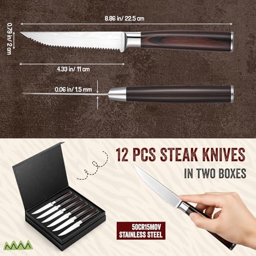 12-Piece Steak Knife Set with Pakkawood Handles - Sharp Serrated Blades, Gift Box
