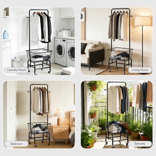 Laundry Basket with Wheels & Hanging Rack - Black, Heavy-Duty Steel, Large Capacity