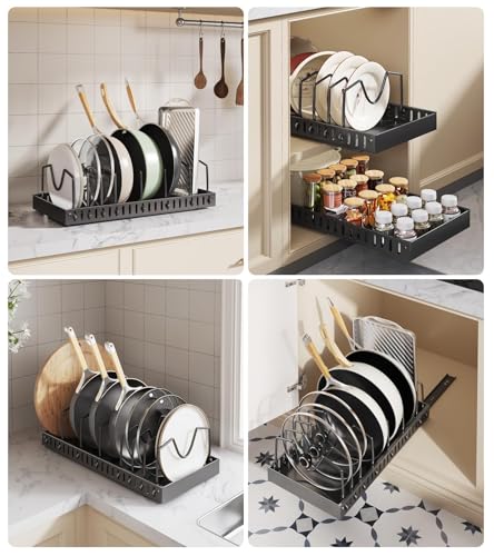 Lozovin Pull Out Pot and Pan Organizer with 8 Adjustable Dividers, 2 Pack - Under Cabinet Sliding Lid and Bakeware Rack, Black