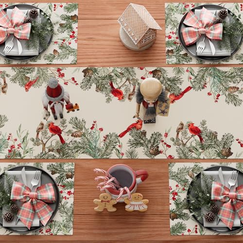 XCHI Cardinal Birds Winter Pine Tree Table Runner 13x48 Inch – Holiday Decor, 100% Polyester