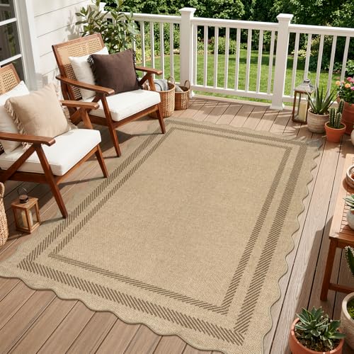 LIVEBOX Scalloped Easy Jute 4x6 Outdoor Rug, Washable Non Slip