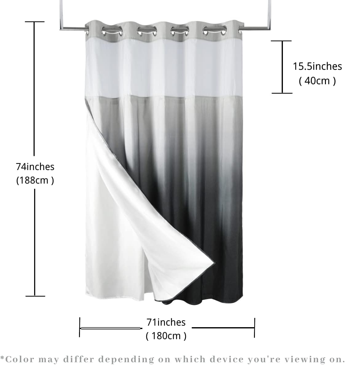 Regine Switzerland Hook-Free Fabric Shower Curtain - Hotel Quality, 71” W x 74” L, Gradient Grey