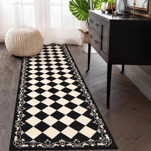 Black Checkered Runner Rug 2.5x8 ft Washable Non Slip Hallway Carpet