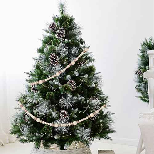 Christmas Wooden Bead Garland Xmas Wooden Tree Beads Rustic Decorative Christmas Tree Farmhouse Decor for Mantle Fireplace Staircase (Natural & Gold)
